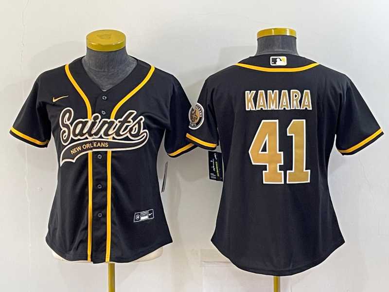 Womens New Orleans Saints #41 Alvin Kamara Black With Patch Cool Base Stitched Baseball Jersey